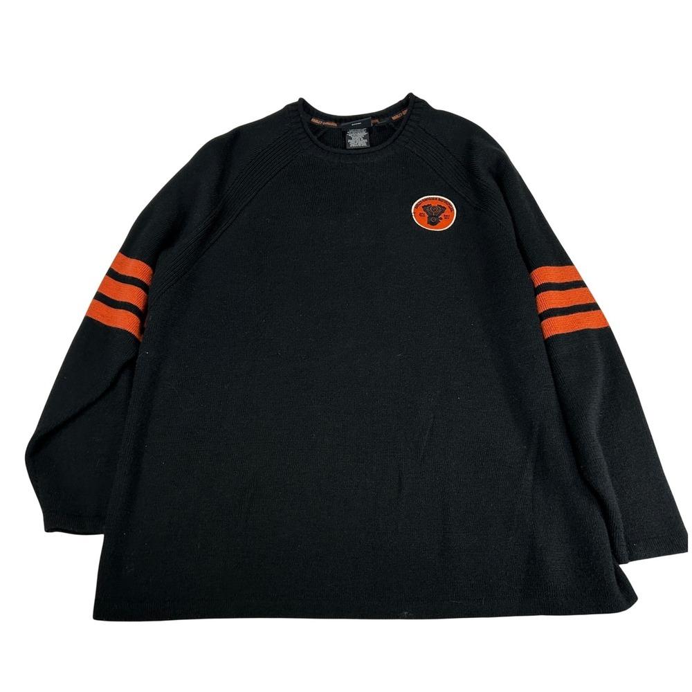 Harley Davidson Mens XXL Black Orange Striped Sleeve Knit Crewneck Sweater Moto
